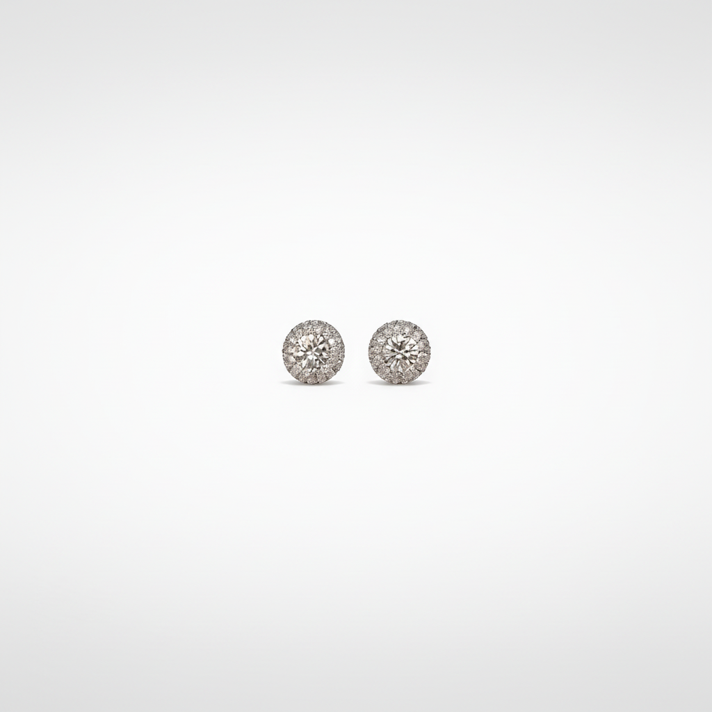 Silver Round Pavé Halo Studs — Tiny Far View