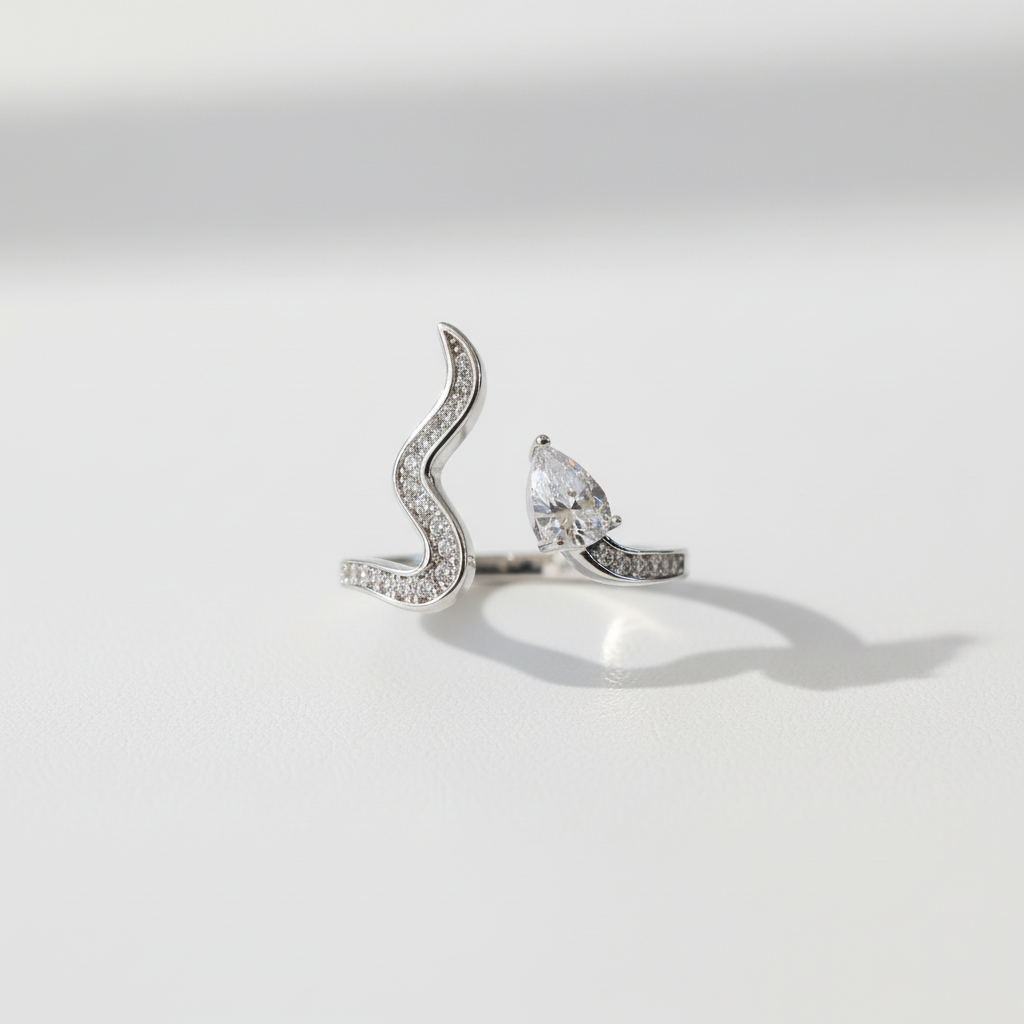 Silver S-Wave Pear Crystal Open Ring