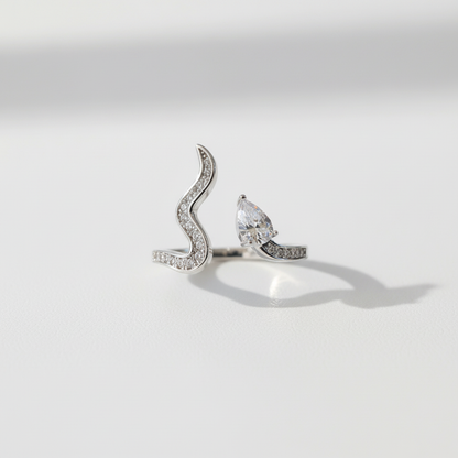 Silver S-Wave Pear Crystal Open Ring