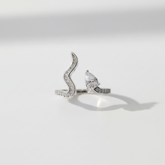 Silver S-Wave Pear Crystal Open Ring