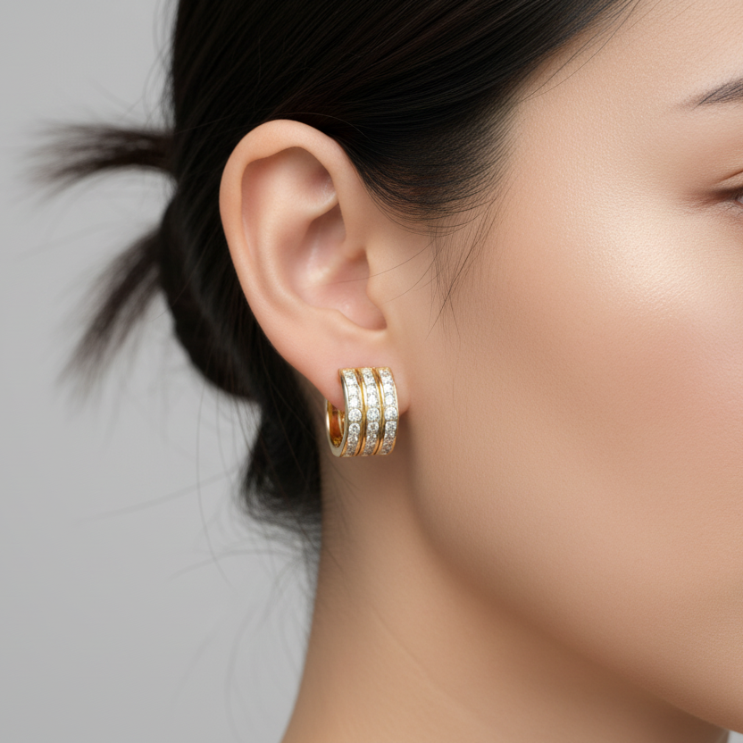 Triple-Row Pavé Hoop Earrings - On Asian Model