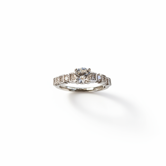 White Silver Rhodium Solitaire Pavé Panel Ring - Subtle