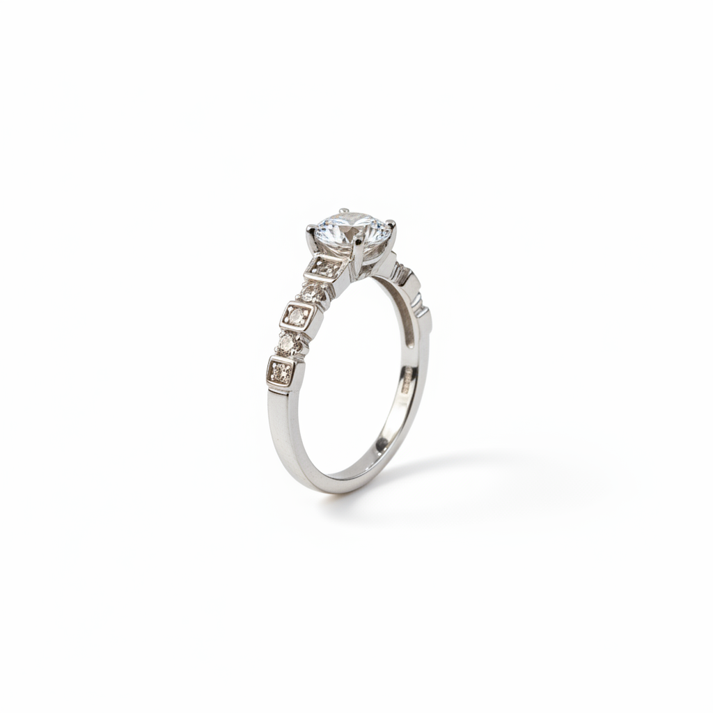 White Silver Rhodium Solitaire Ring - Side Profile View